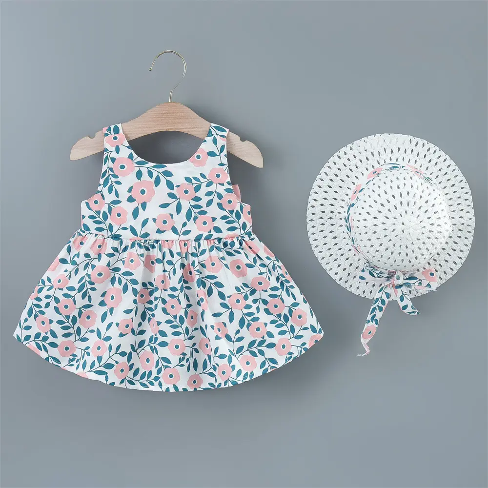 Girls' Summer New All Over Flower Print Dress Children's Solid Color Big Bow Princess Dress+Hat Two Piece Set