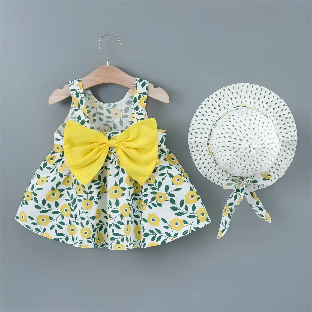 Girls' Summer New All Over Flower Print Dress Children's Solid Color Big Bow Princess Dress+Hat Two Piece Set