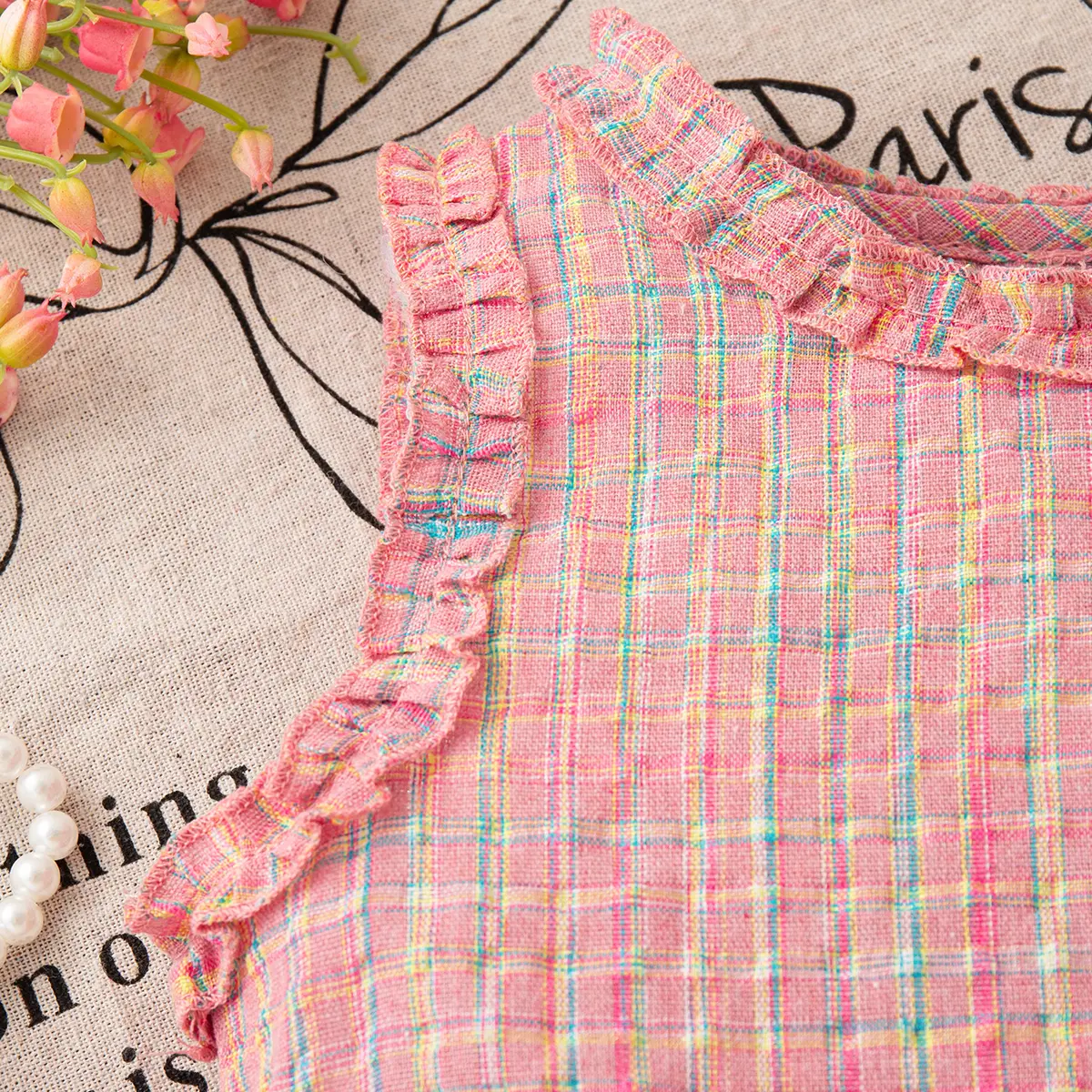 Sets For Baby Summer New Sleeveless Pants 2 Pieces Set Girl Clothing Pink Sweet Plaid Ruffle Button Baby Clothing