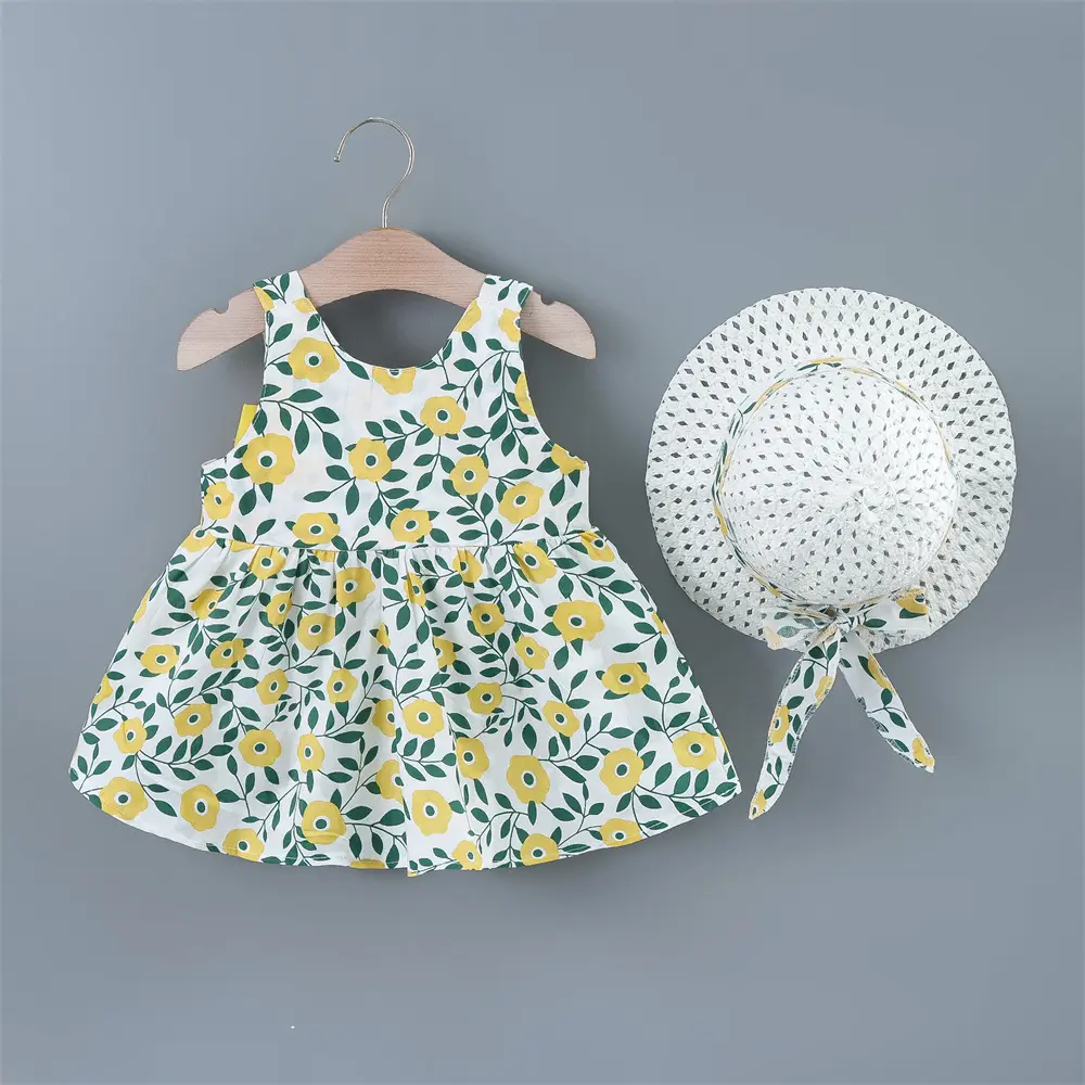 Girls' Summer New All Over Flower Print Dress Children's Solid Color Big Bow Princess Dress+Hat Two Piece Set
