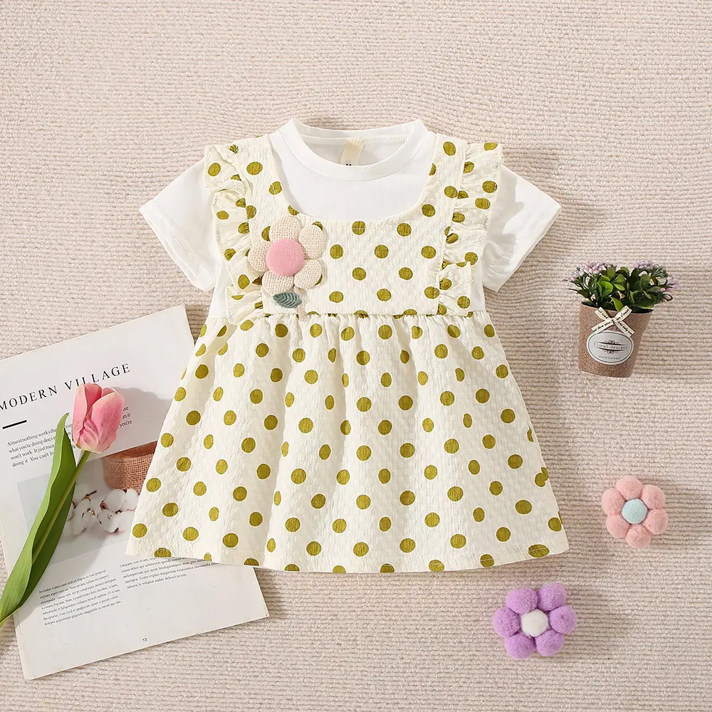 Summer Baby Girl Dress New White Short Sleeved Top Polka Dot Small Flying Sleeve Dress Fake Two Pieces For Girls