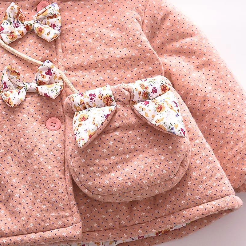 Winter New 2 Pcs Girls' Cotton Jacket+Bag Polka Dot Printed Girls' Cotton Jacket Butterfly Knot Rabbit Ear Hooded Cotton Jacket