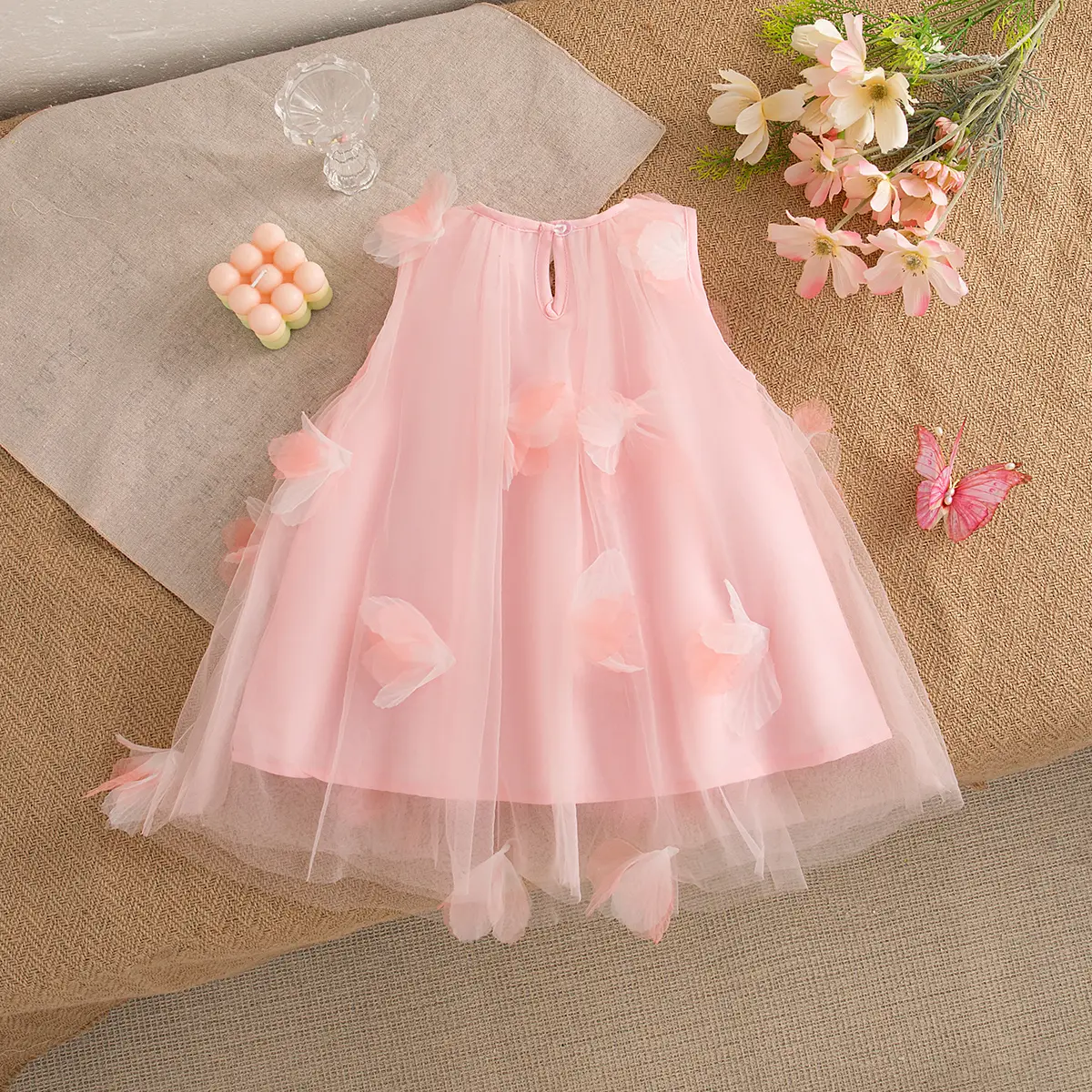 Baby Girl Dresses Summer New Sleeveless Sweet Baby Dresses Round Neck Mesh 3d Petal Wedding Flower Girl Clothes