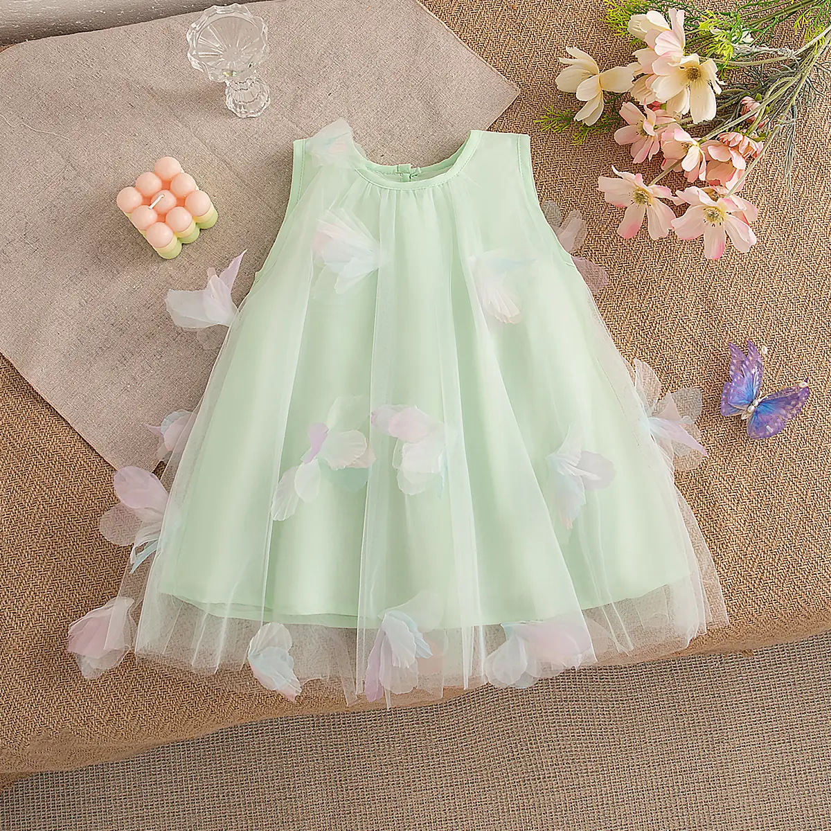 Baby Girl Dresses Summer New Sleeveless Sweet Baby Dresses Round Neck Mesh 3d Petal Wedding Flower Girl Clothes