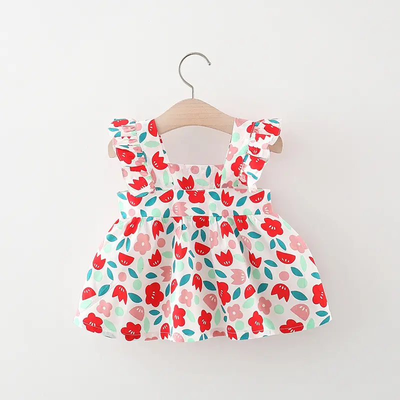 2-Piece Baby Girl Sweet Sleeveless Dress With Floral Suspenders And Cotton Fabric For Daily Knee Length Cute Dress+Woven Bag