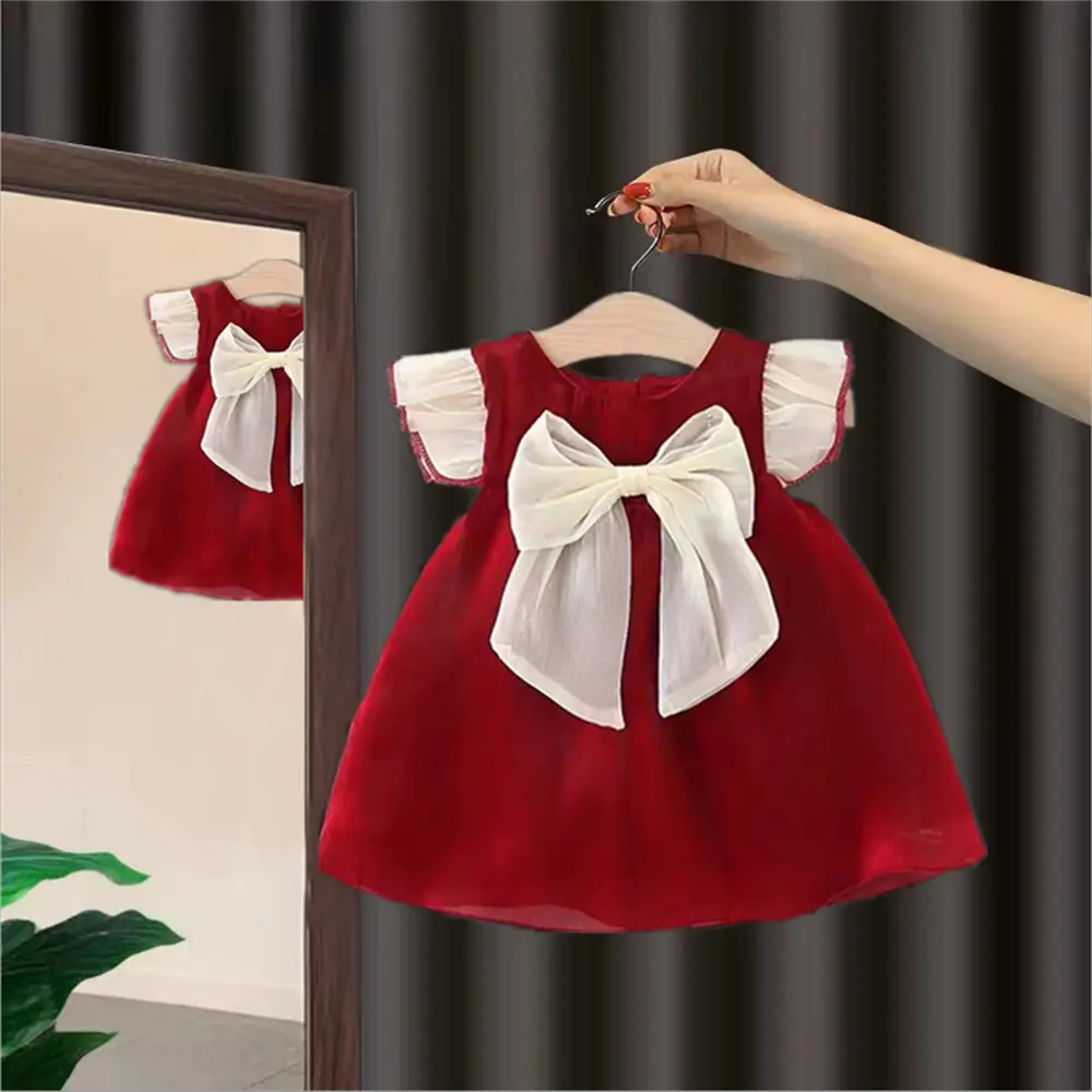 Summer cute baby girl dress girls' color blocked big bow small flying sleeves beach princess dress