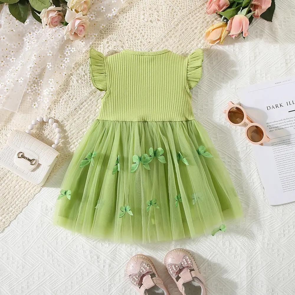 Summer children's dress baby girl two three-dimensional bow spliced mesh butterfly fly sleeve princess dress