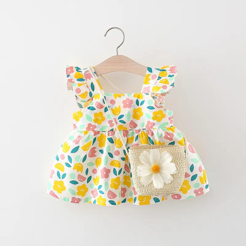 2-Piece Baby Girl Sweet Sleeveless Dress With Floral Suspenders And Cotton Fabric For Daily Knee Length Cute Dress+Woven Bag