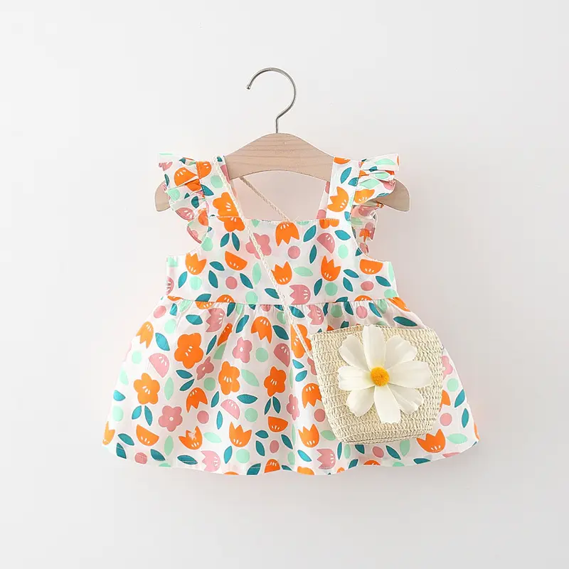 2-Piece Baby Girl Sweet Sleeveless Dress With Floral Suspenders And Cotton Fabric For Daily Knee Length Cute Dress+Woven Bag