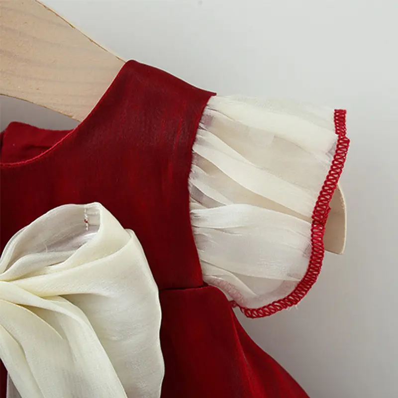 Summer cute baby girl dress girls' color blocked big bow small flying sleeves beach princess dress