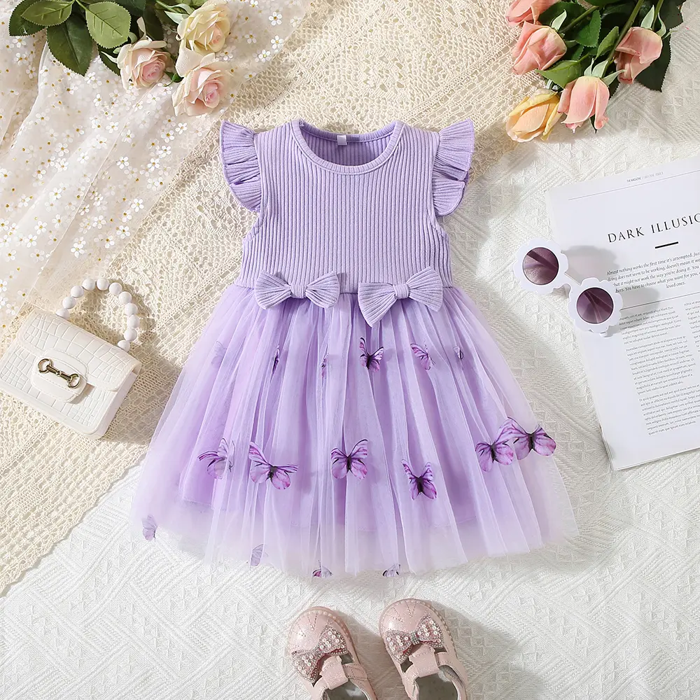 Summer children's dress baby girl two three-dimensional bow spliced mesh butterfly fly sleeve princess dress