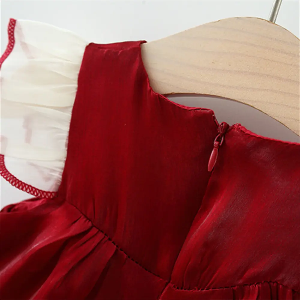 Summer cute baby girl dress girls' color blocked big bow small flying sleeves beach princess dress