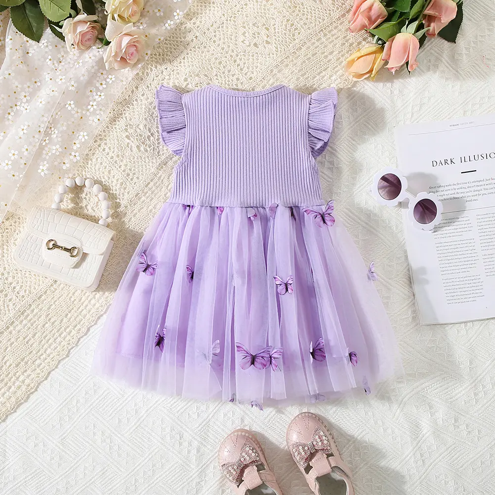 Summer children's dress baby girl two three-dimensional bow spliced mesh butterfly fly sleeve princess dress