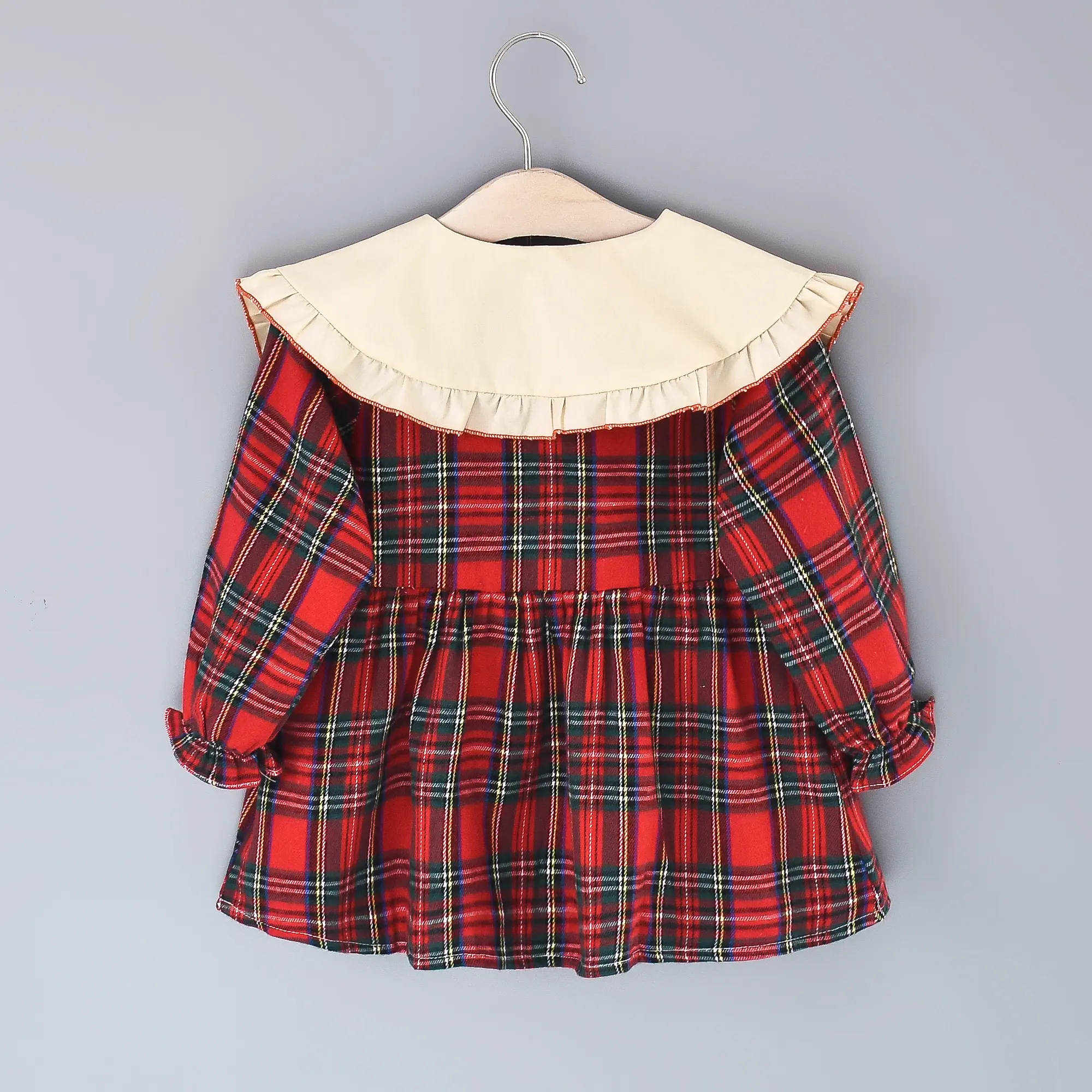 Girls' Autumn New Long Sleeve Dress Children's Large Polo Neck Pleated Edge Plaid Princess Dress+Little Rabbit Jewelry Bag