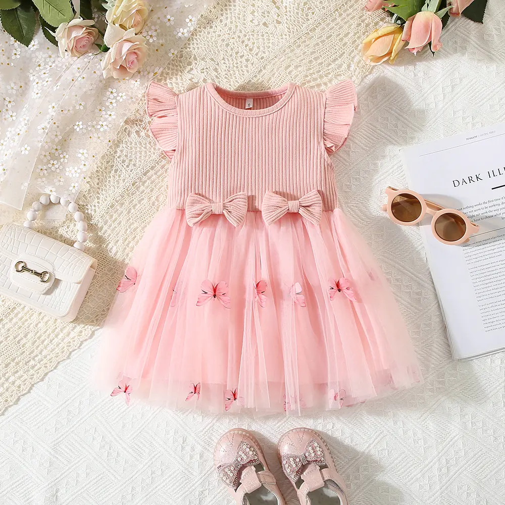 Summer children's dress baby girl two three-dimensional bow spliced mesh butterfly fly sleeve princess dress