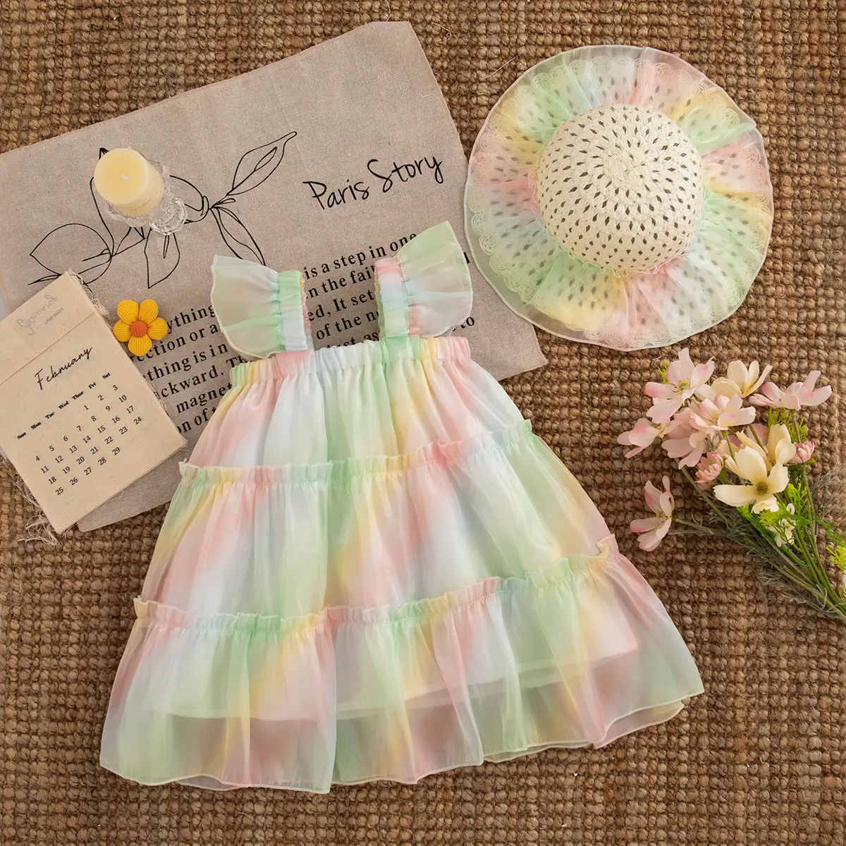 Casual Dress For Girl Summer Sleeveless Ruffle Edge Baby Dresses Cmulticolour Pleated 3d Flower Clothes Girl Send Hat