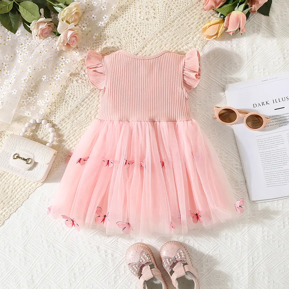 Summer children's dress baby girl two three-dimensional bow spliced mesh butterfly fly sleeve princess dress