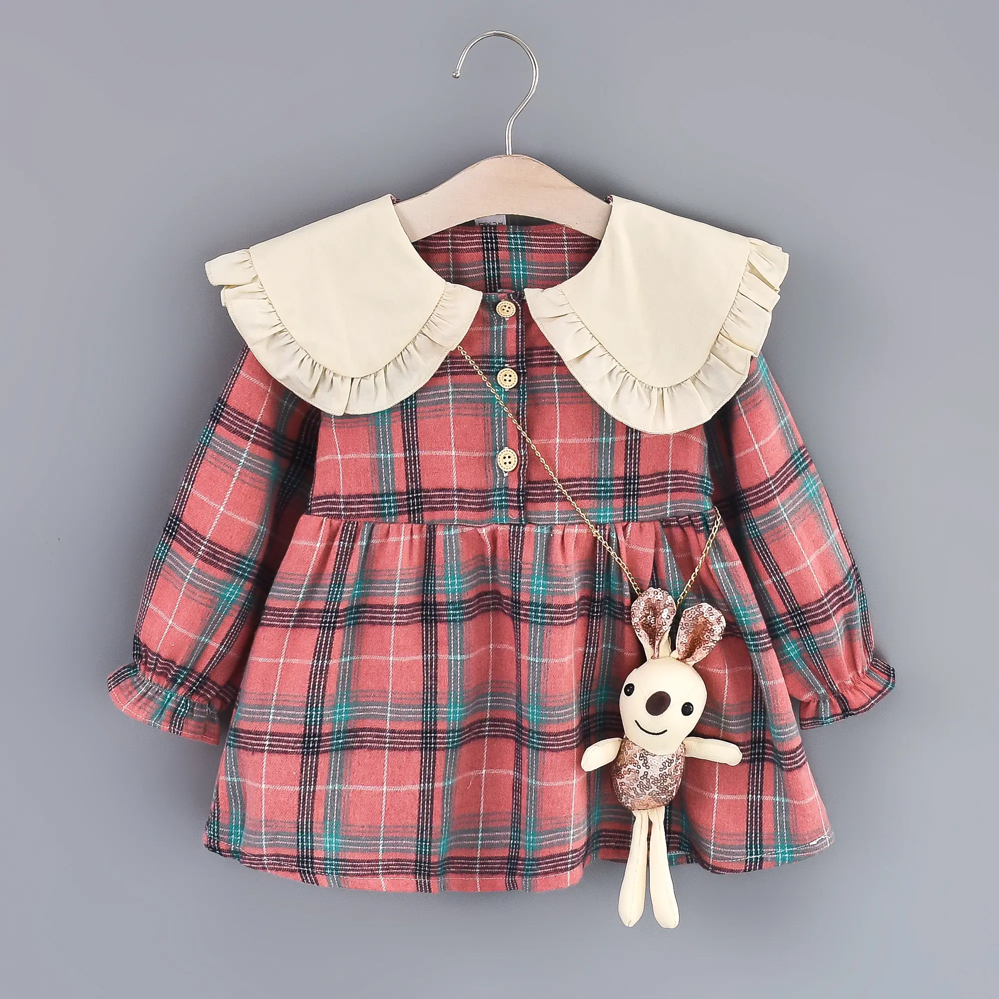Girls' Autumn New Long Sleeve Dress Children's Large Polo Neck Pleated Edge Plaid Princess Dress+Little Rabbit Jewelry Bag