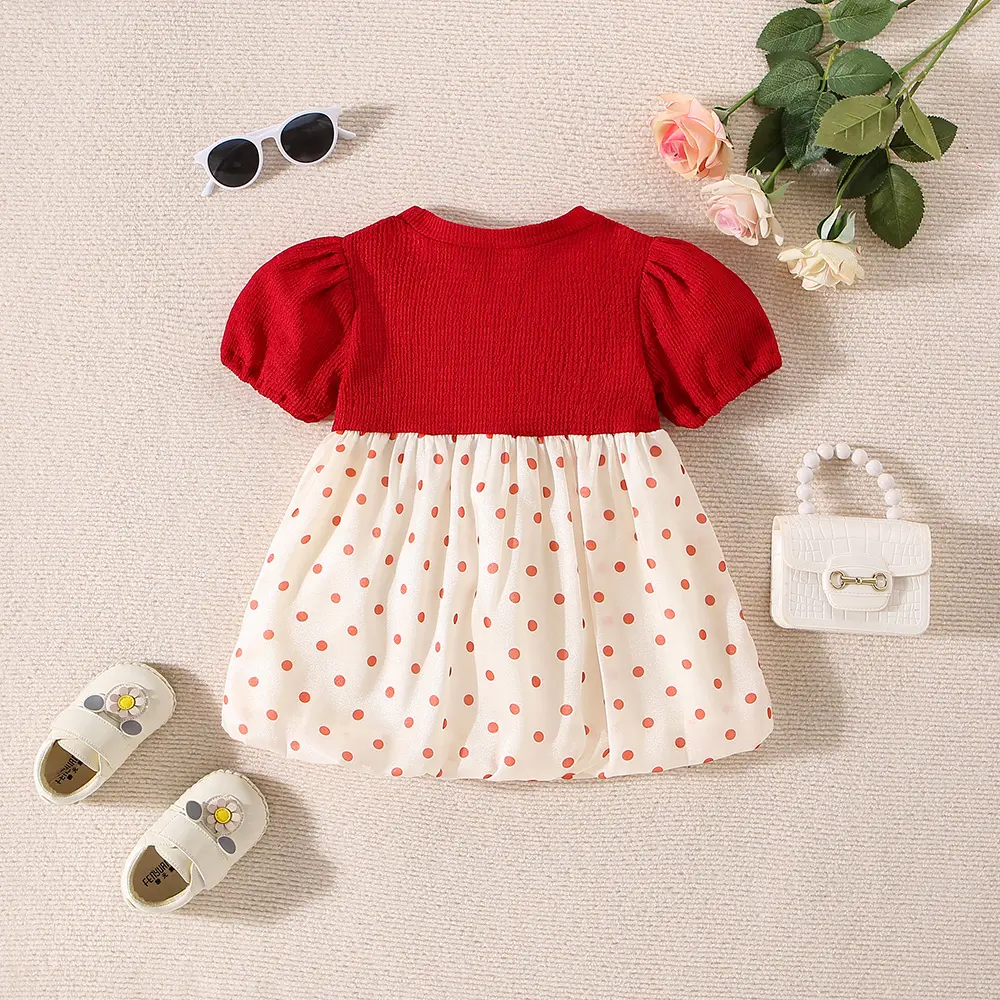 Children's Dress Summer Baby Girl Big Bow Dot Bubble Sleeve Round Neck Princess Dress Children's Dress