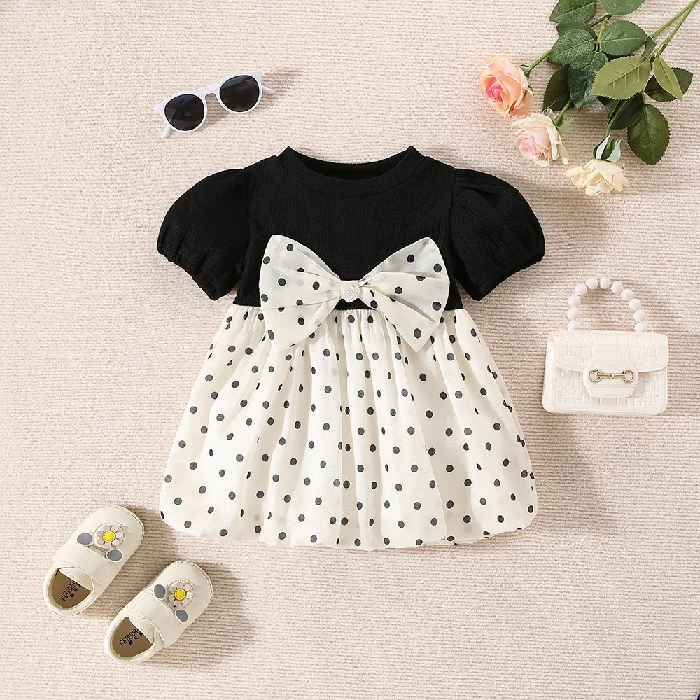 Children's Dress Summer Baby Girl Big Bow Dot Bubble Sleeve Round Neck Princess Dress Children's Dress