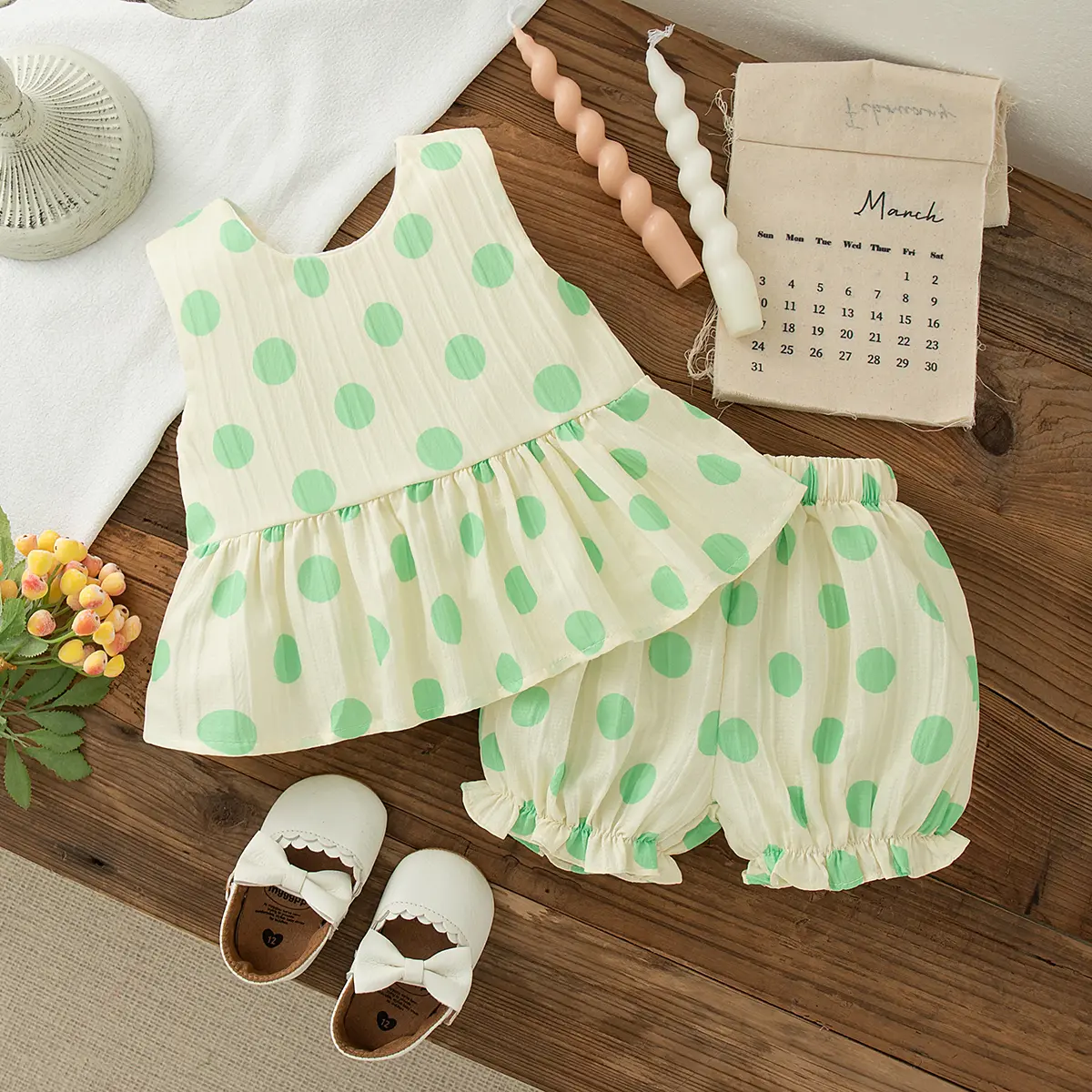 2 Pieces Set Girl Clothes Summer Sleeveless Shorts Baby Clothes Polka Dot Bow Sweet Ruffled Edges Vacation Travel Sets