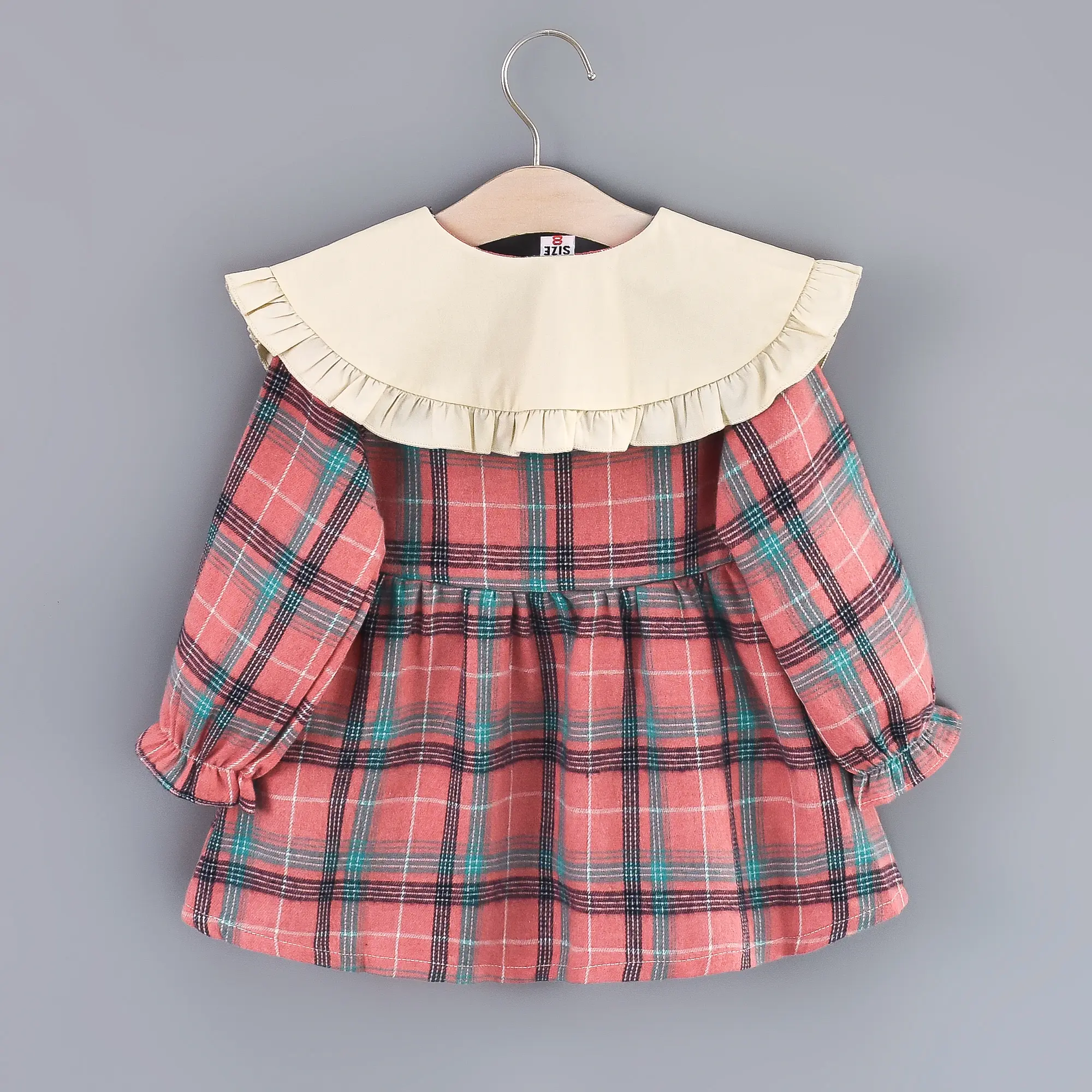 Girls' Autumn New Long Sleeve Dress Children's Large Polo Neck Pleated Edge Plaid Princess Dress+Little Rabbit Jewelry Bag