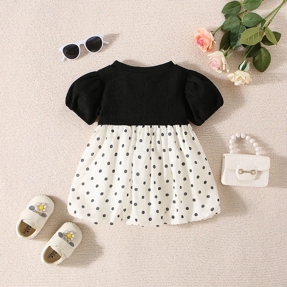 Children's Dress Summer Baby Girl Big Bow Dot Bubble Sleeve Round Neck Princess Dress Children's Dress