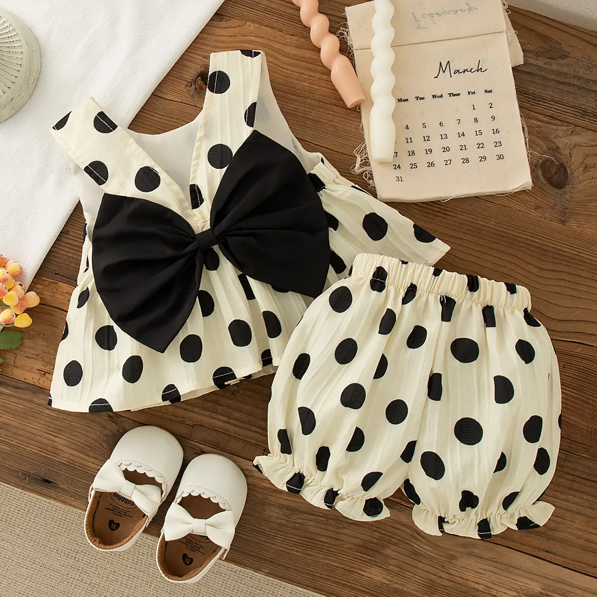 2 Pieces Set Girl Clothes Summer Sleeveless Shorts Baby Clothes Polka Dot Bow Sweet Ruffled Edges Vacation Travel Sets