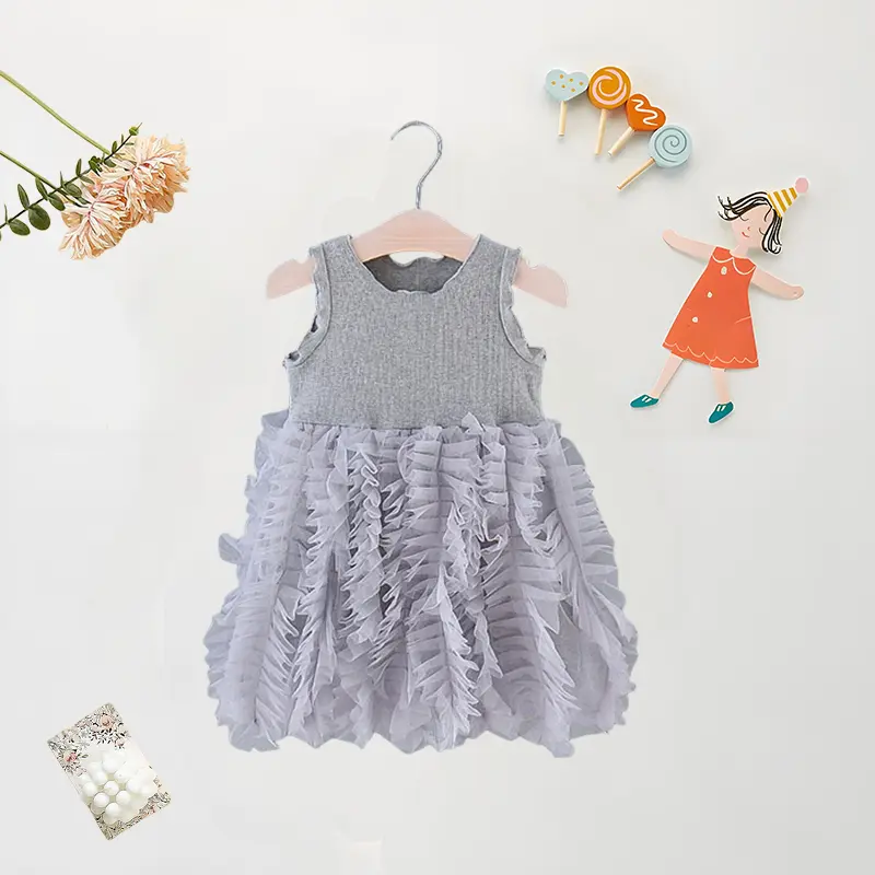 Summer (1-4 Years Old) Baby Girl Birthday Party Dress Baby Girl Splicing Mesh Solid Color Sleeveless Princess Dress