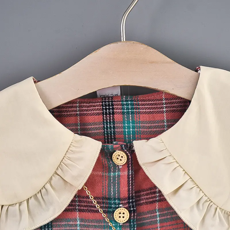 Girls' Autumn New Long Sleeve Dress Children's Large Polo Neck Pleated Edge Plaid Princess Dress+Little Rabbit Jewelry Bag