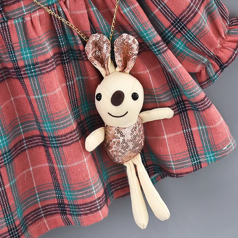 Girls' Autumn New Long Sleeve Dress Children's Large Polo Neck Pleated Edge Plaid Princess Dress+Little Rabbit Jewelry Bag