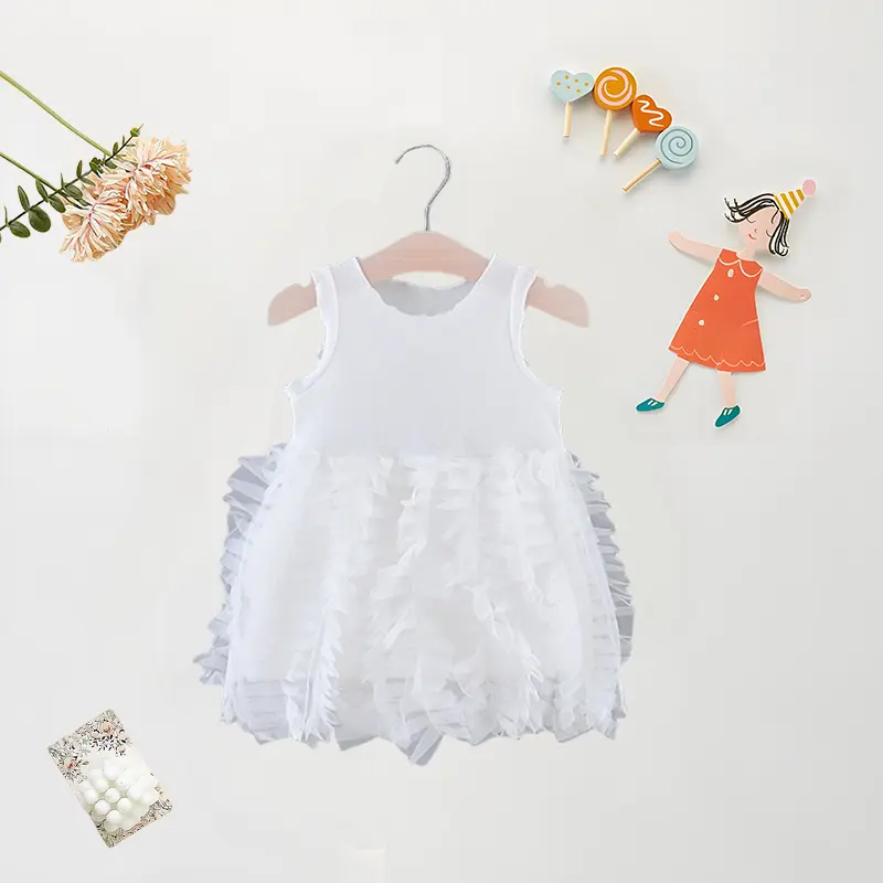 Summer (1-4 Years Old) Baby Girl Birthday Party Dress Baby Girl Splicing Mesh Solid Color Sleeveless Princess Dress