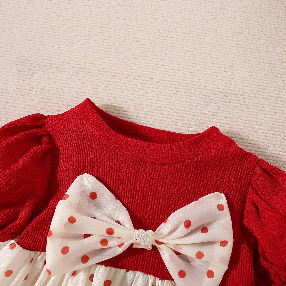 Children's Dress Summer Baby Girl Big Bow Dot Bubble Sleeve Round Neck Princess Dress Children's Dress