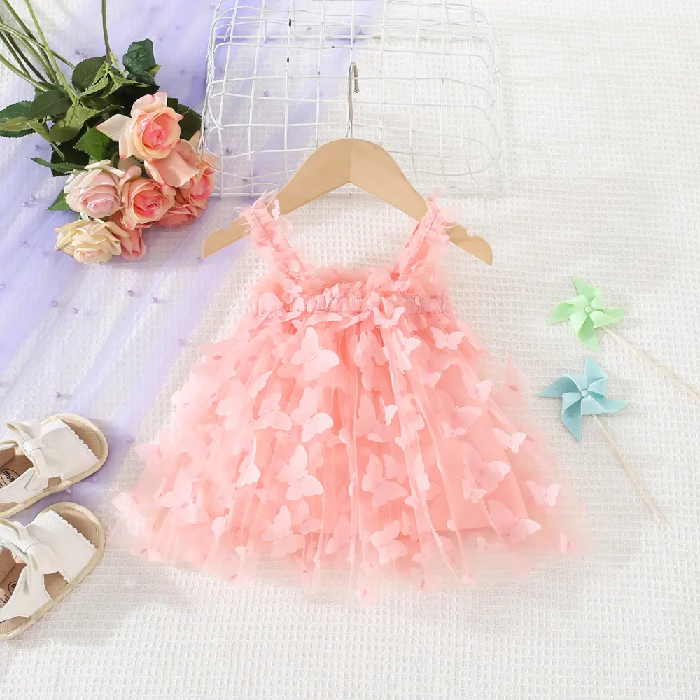 Summer New Girl's Dress Baby Girl Solid Color Three Dimensional Butterfly Mesh Sling Princess Dress