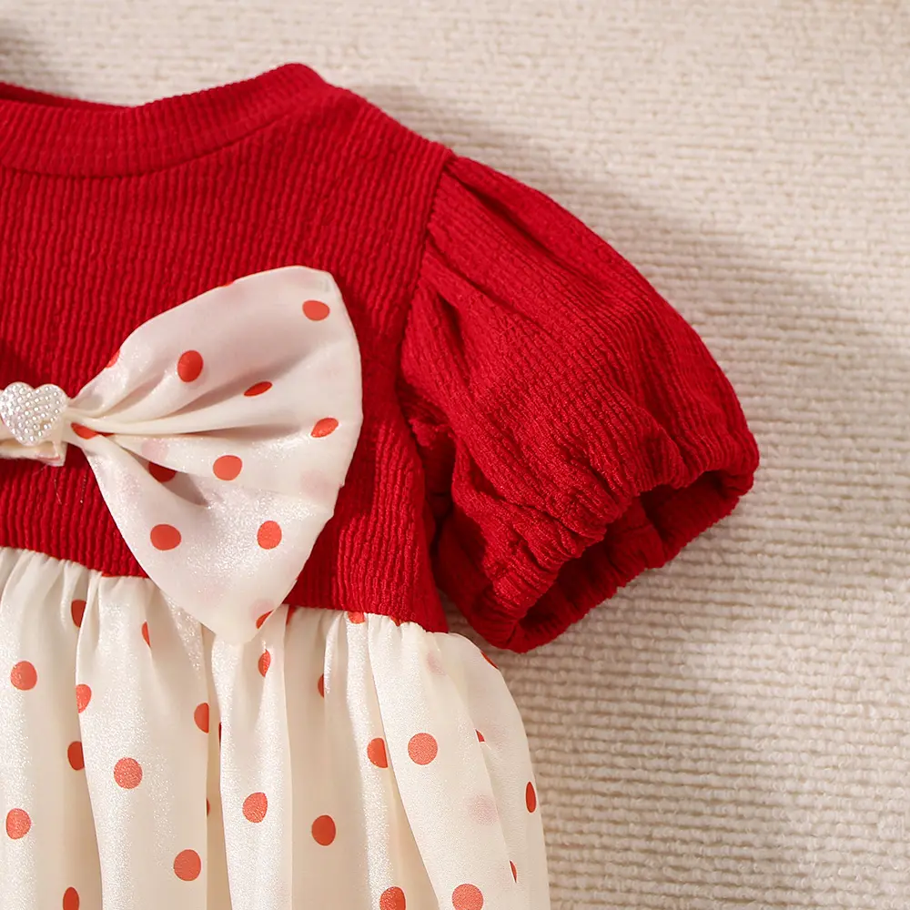 Children's Dress Summer Baby Girl Big Bow Dot Bubble Sleeve Round Neck Princess Dress Children's Dress