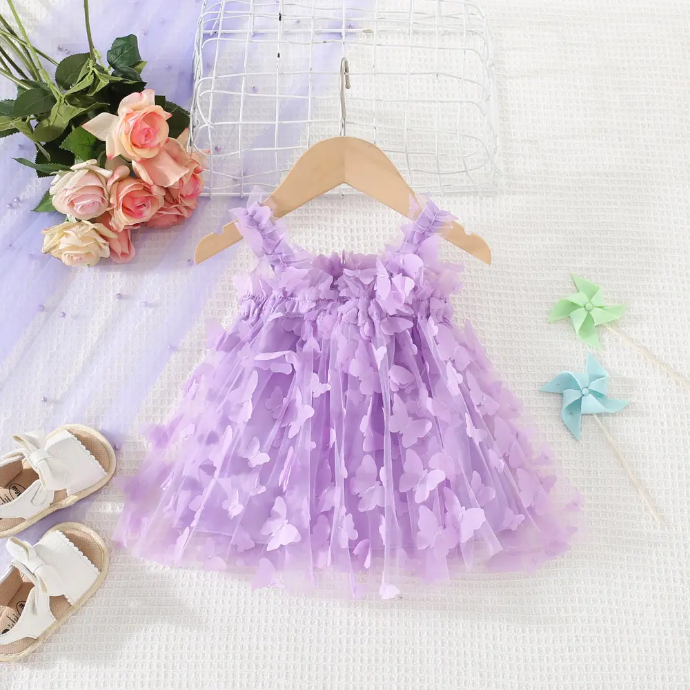 Summer New Girl's Dress Baby Girl Solid Color Three Dimensional Butterfly Mesh Sling Princess Dress