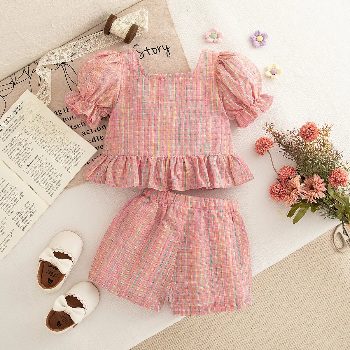 2-Piece Set Baby Clothes Girl Checkered Princess Sleeve Lace Top+Shorts Girl'S Suit Lightweight Lovely Baby Outfit Set