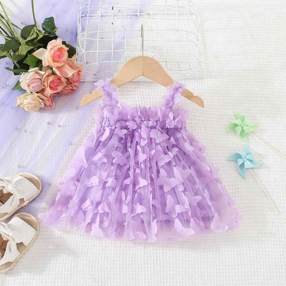 Summer New Girl's Dress Baby Girl Solid Color Three Dimensional Butterfly Mesh Sling Princess Dress