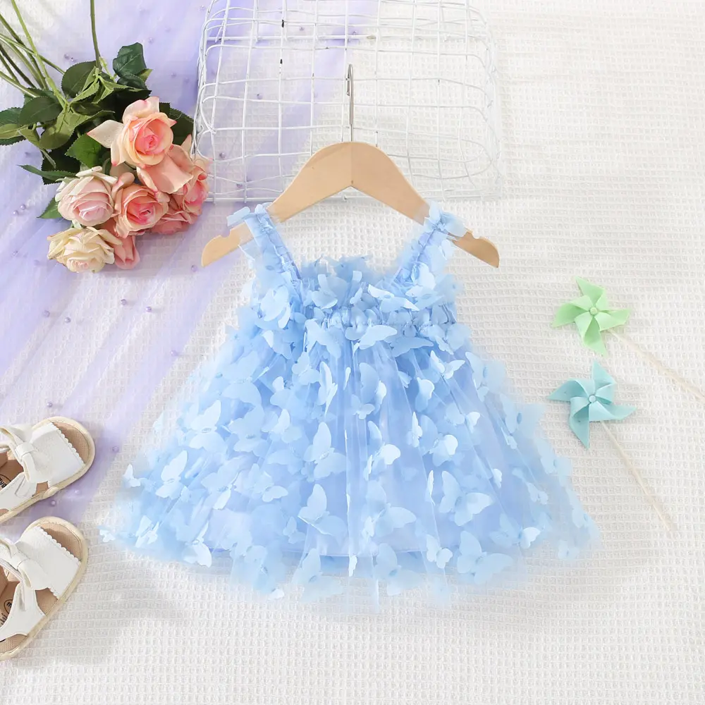 Summer New Girl's Dress Baby Girl Solid Color Three Dimensional Butterfly Mesh Sling Princess Dress