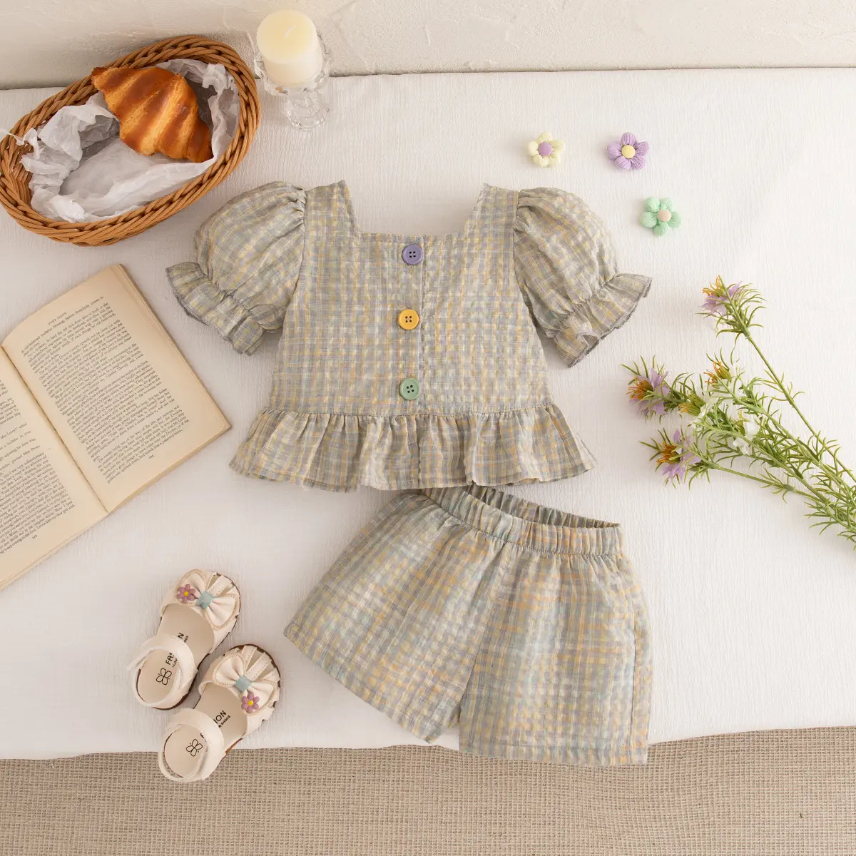 2-Piece Set Baby Clothes Girl Checkered Princess Sleeve Lace Top+Shorts Girl'S Suit Lightweight Lovely Baby Outfit Set