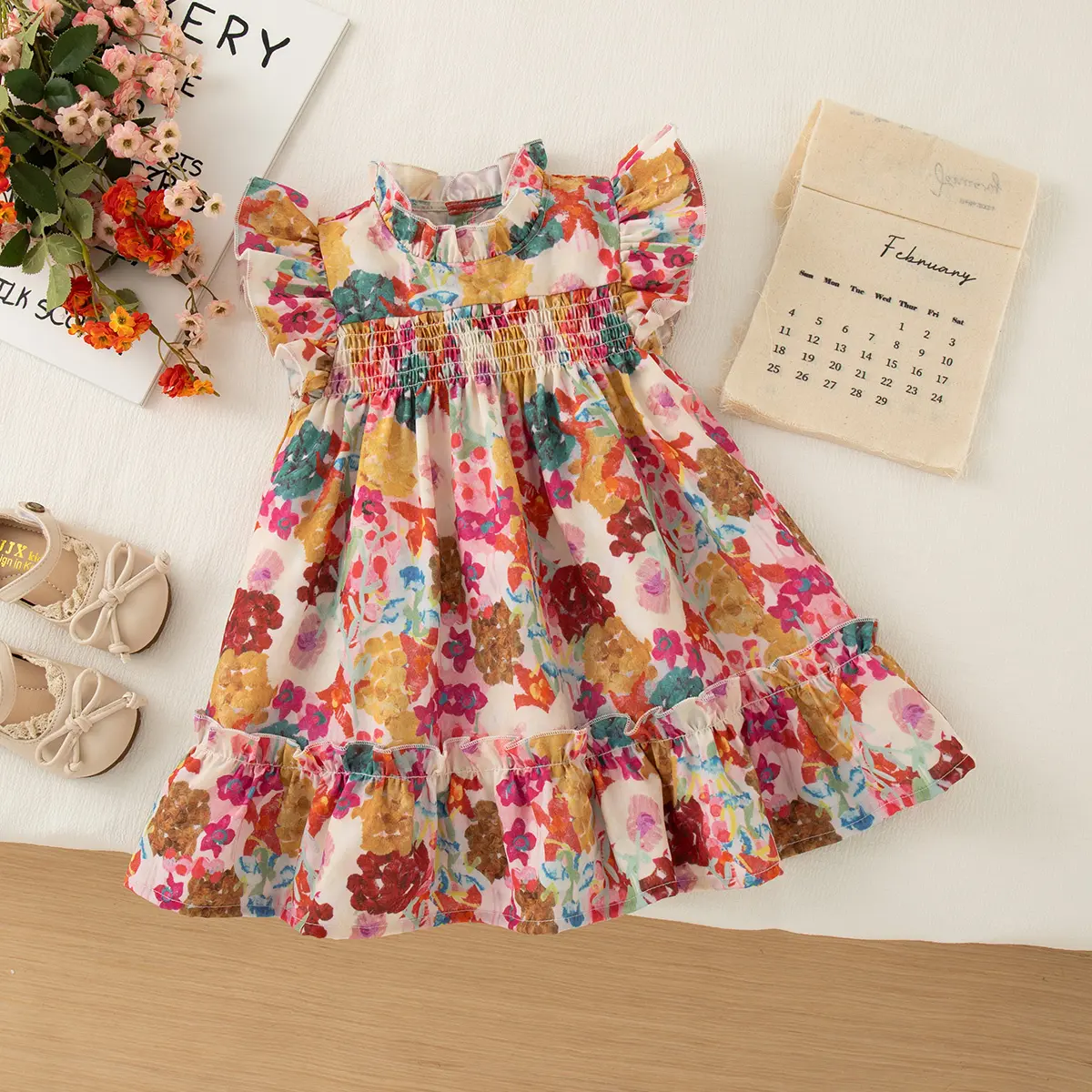 Baby Girl Dresses Summer New Sleeveless Baby Clothes Ruffle Edge Flower Print Pleated Costumes For Girls Send Bag
