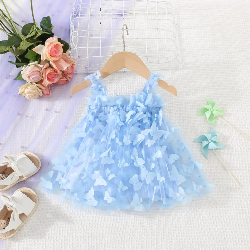Summer New Girl's Dress Baby Girl Solid Color Three Dimensional Butterfly Mesh Sling Princess Dress
