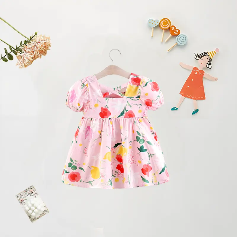 Summer New Baby Girl Dress Baby Girl Flower Print Bubble Sleeve Princess Dress Cotton Square Neck Cute Short Sleeved Dress