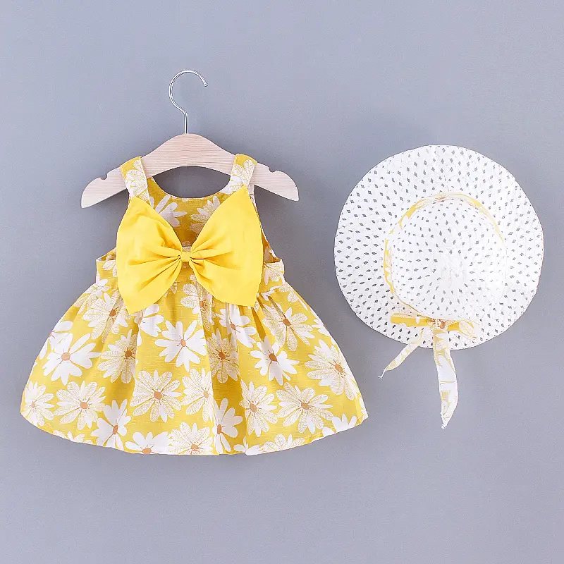 2-piece set of summer new girls' sleeveless round neck casual baby cotton printed cute big bow dress and hat for 0-2 years old