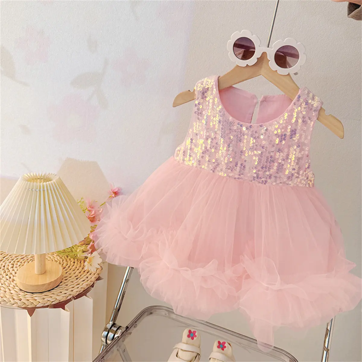 Baby Girl Dresses Summer New Sleeveless Mesh Clothes Baby Sweet Solid Color Sequin Wedding Flower Girl Dresses