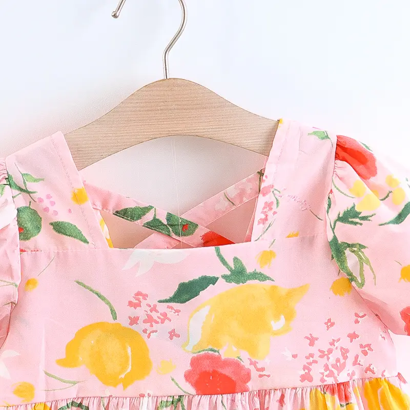Summer New Baby Girl Dress Baby Girl Flower Print Bubble Sleeve Princess Dress Cotton Square Neck Cute Short Sleeved Dress