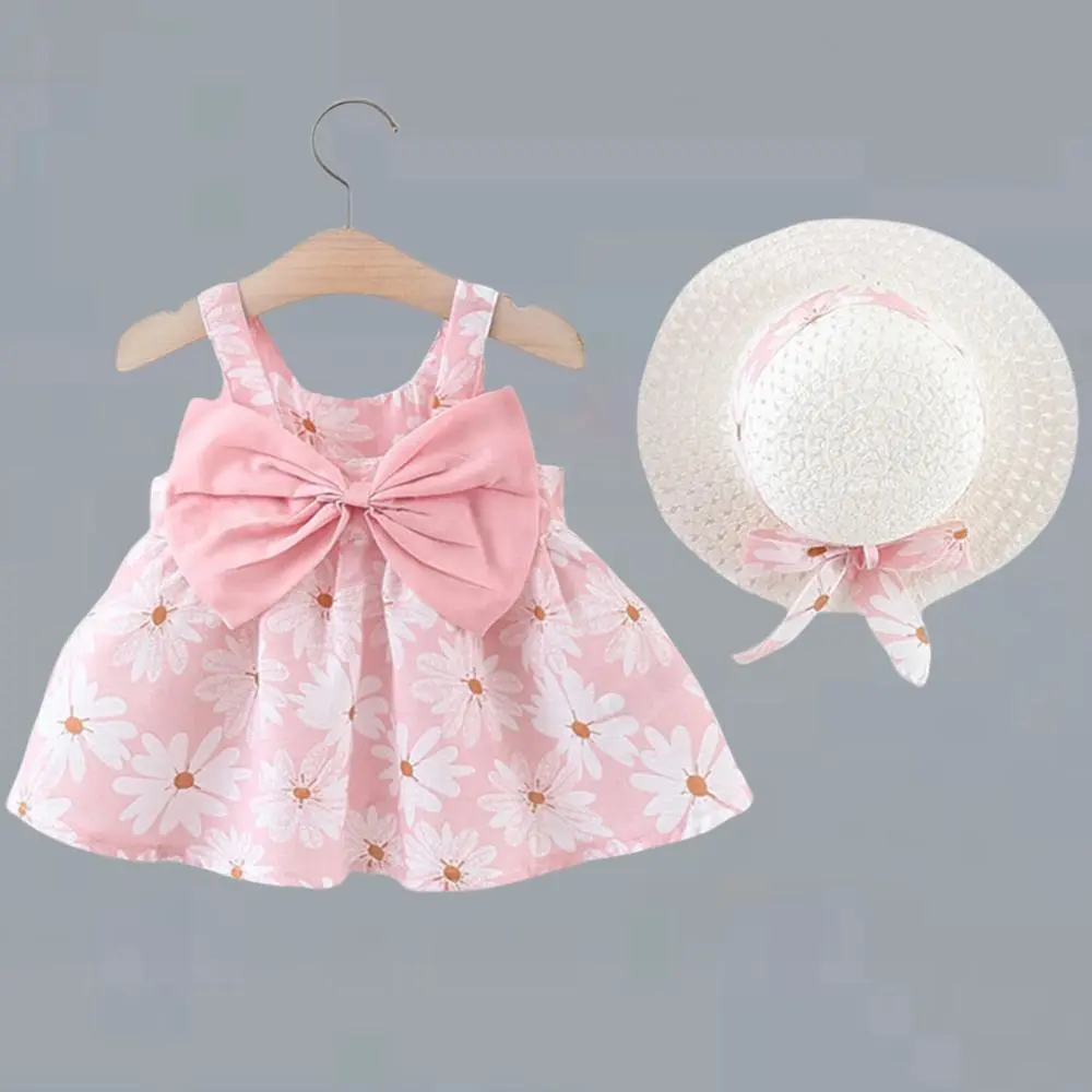 2-piece set of summer new girls' sleeveless round neck casual baby cotton printed cute big bow dress and hat for 0-2 years old