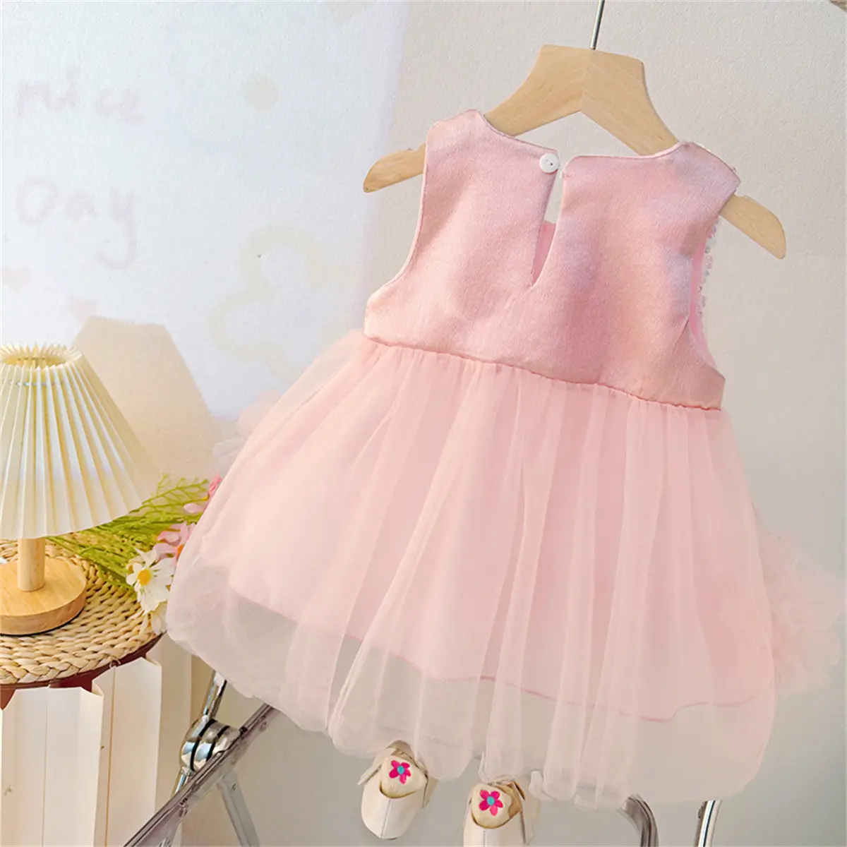 Baby Girl Dresses Summer New Sleeveless Mesh Clothes Baby Sweet Solid Color Sequin Wedding Flower Girl Dresses
