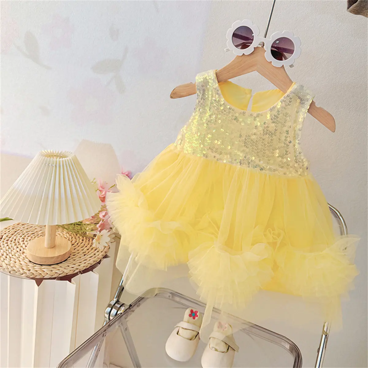 Baby Girl Dresses Summer New Sleeveless Mesh Clothes Baby Sweet Solid Color Sequin Wedding Flower Girl Dresses