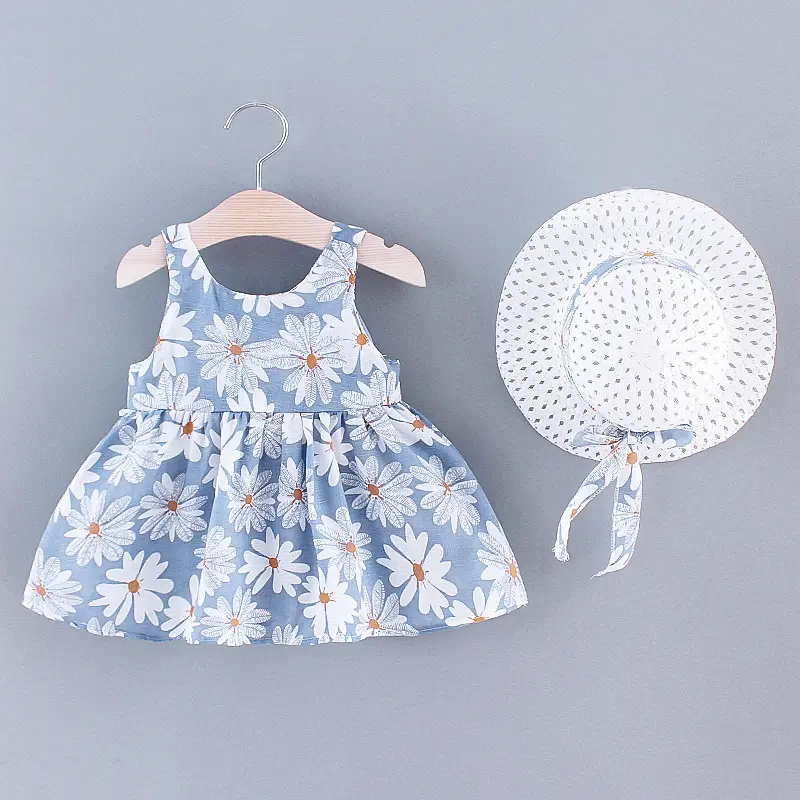 2-piece set of summer new girls' sleeveless round neck casual baby cotton printed cute big bow dress and hat for 0-2 years old